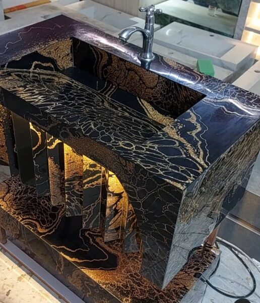 Vasque en marbre noir sur meuble